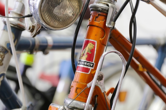 Eine Detailaufnahme des Peugeot Emblems auf einem orangenen Retro Rennrad.