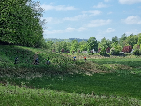Eine Aufnahme von Fahrradfahrern auf einem hügeligen Walddweg