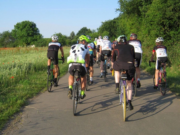 Mehrere Fahrradfahrer fahren eine Straße in der Natur entlang.