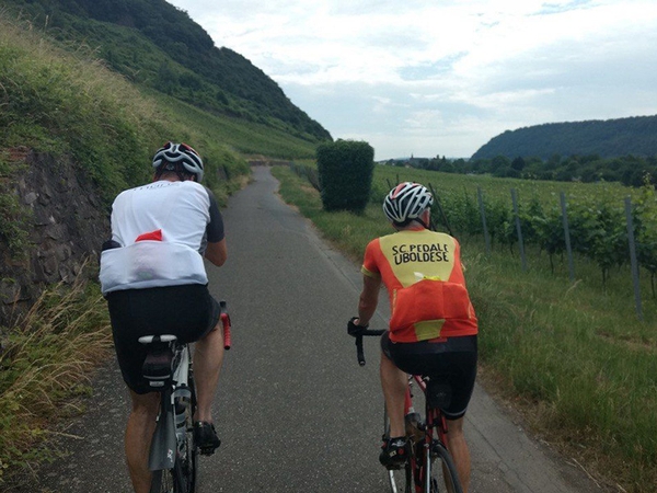 Zwei Fahrradfahrer fahren eine Straße in der Natur entlang.