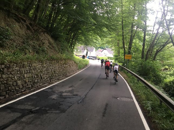 Mehrere Fahrradfahrer fahren eine Straße durch ein Waldstück entlang, Bild von Daniel Blumentraht und Johannes Roth.