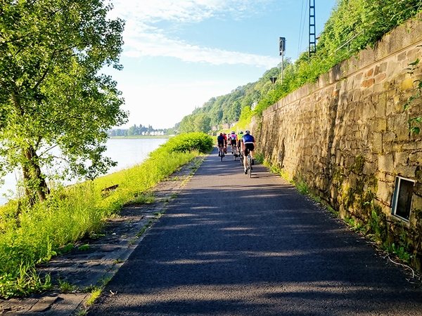 Mehrere Fahrradfahrer fahren eine Straße neben dem Rhein entlang.