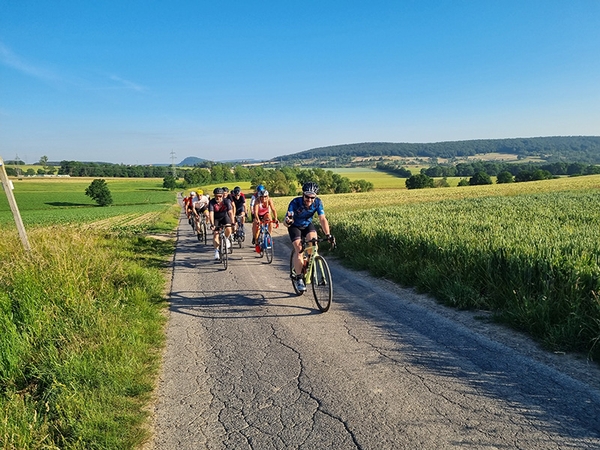 Mehrere Fahrradfahrer fahren einen Feldweg entlang, Bild von Johannes Roth.